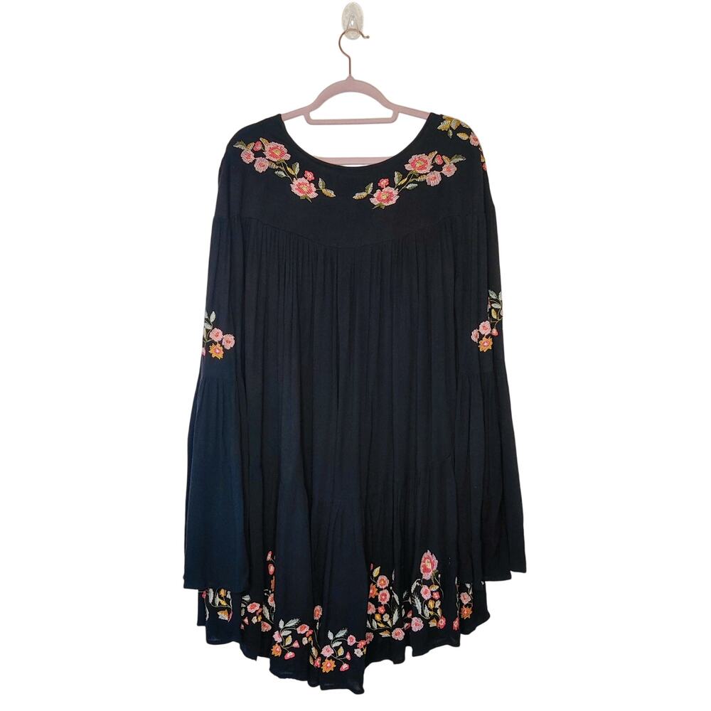 Free People Te Amo Black Gauzy Floral Embroidered Boho Babydoll Mini Dress Large - Picture 5 of 16
